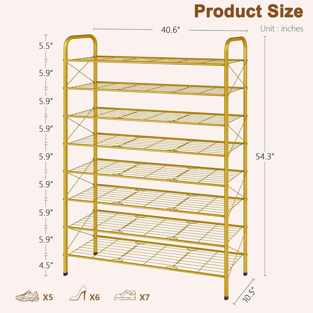 Hoctieon 8 Tier Shoe Rack for Closet, Durable Mesh Style Shoe Rack, Entryway Shoe Shelf, Shoe Storage Organizer for Hallway, Bedroom, Living Room, Wardrobe, Gold