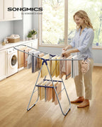 SONGMICS Clothes Drying Rack, Foldable Laundry Drying Rack, Sock Clips, Metal Clothes Airer with Height-Adjustable Gullwings, Space-Saving, Indoor Outdoor, 17 x 51.2 x 39 Inches, Blue ULLR505EQ01