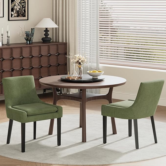 Modern Dining Chairs Set of 6, Upholstered Corduroy Dining Room Chairs with Wood Legs, Mid-Back Padded Kitchen Side Chairs for Dining Room, Green