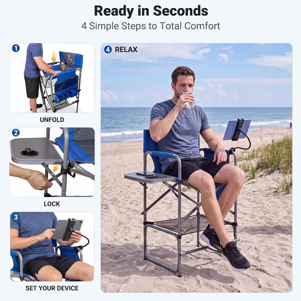 Tall Foldable Directors Chair with Tablet Holder for Camping