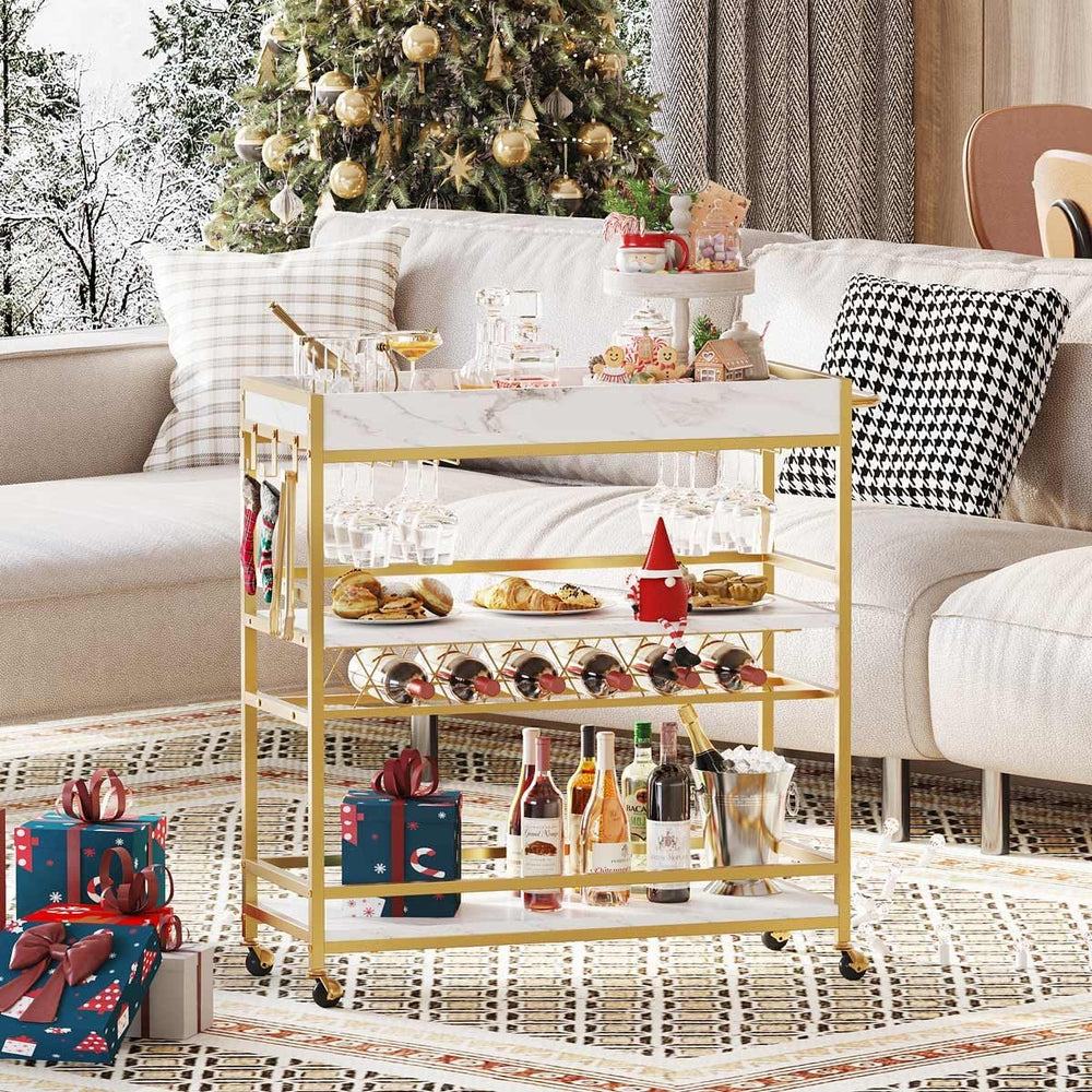 BON AUGURE Gold Bar Cart on Wheels for Home with Wine Rack & Glass Holder...