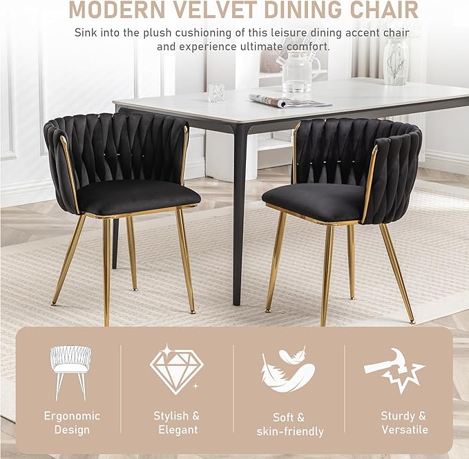 Kiztir Black Velvet Dining Chairs Set of 2, Upholstered Dining Room Chairs wi...