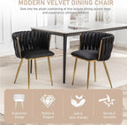 Kiztir Black Velvet Dining Chairs Set of 2, Upholstered Dining Room Chairs with Gold Metal Legs, Modern Dining Chairs with Woven Back for Living Room, Bedroom, Kitchen