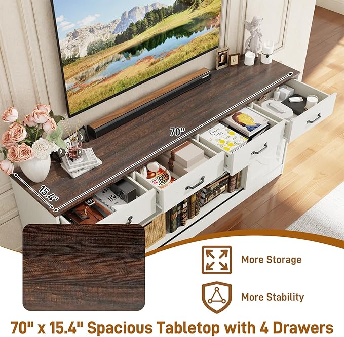 St.Mandyu 70" Large Farmhouse TV Stand for 85/80/75/70 Inch TVs w/4 Drawers,Rustic Tall Media Console w/Sliding Barn Door, Adjustable Shelves,Tall Entertainment Center for Living Room,White