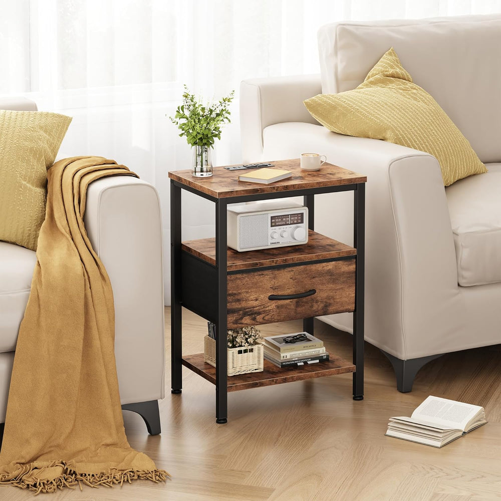 DUMOS Bedside Table with Charging Station and an Adjustable Fabric Drawer, an...