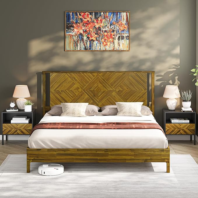Bme Ethan Solid Wood King Bed Frame with Diamond Headboard - Rustic & Mid-century Modern - Acacia Wood Platform Bed - Compatible with All Mattresses - No Box Spring Needed - Rustic Dark Brown