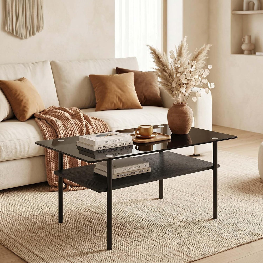 3 Piece Glass Coffee Table Set with 2-Tier Storage, Tempered Glass Living Roo...