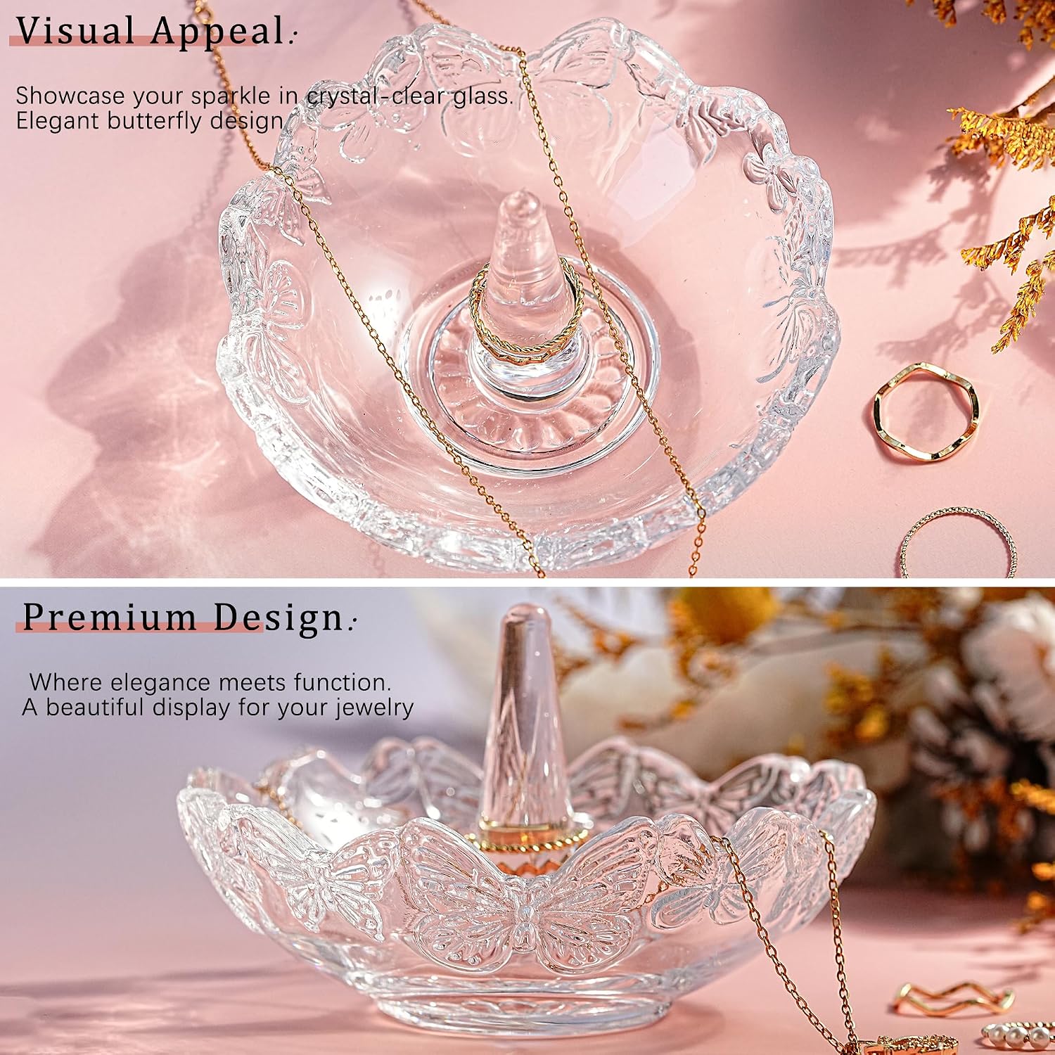 4" Crystal Ring Holder Dish, Glass Jewelry Tray, Decorative Trinket Tray | Vanity Jewelry Organizer for Rings Earrings Keys, Packaged Gift Box for Birthday Wedding Mother's Day Women Gifts