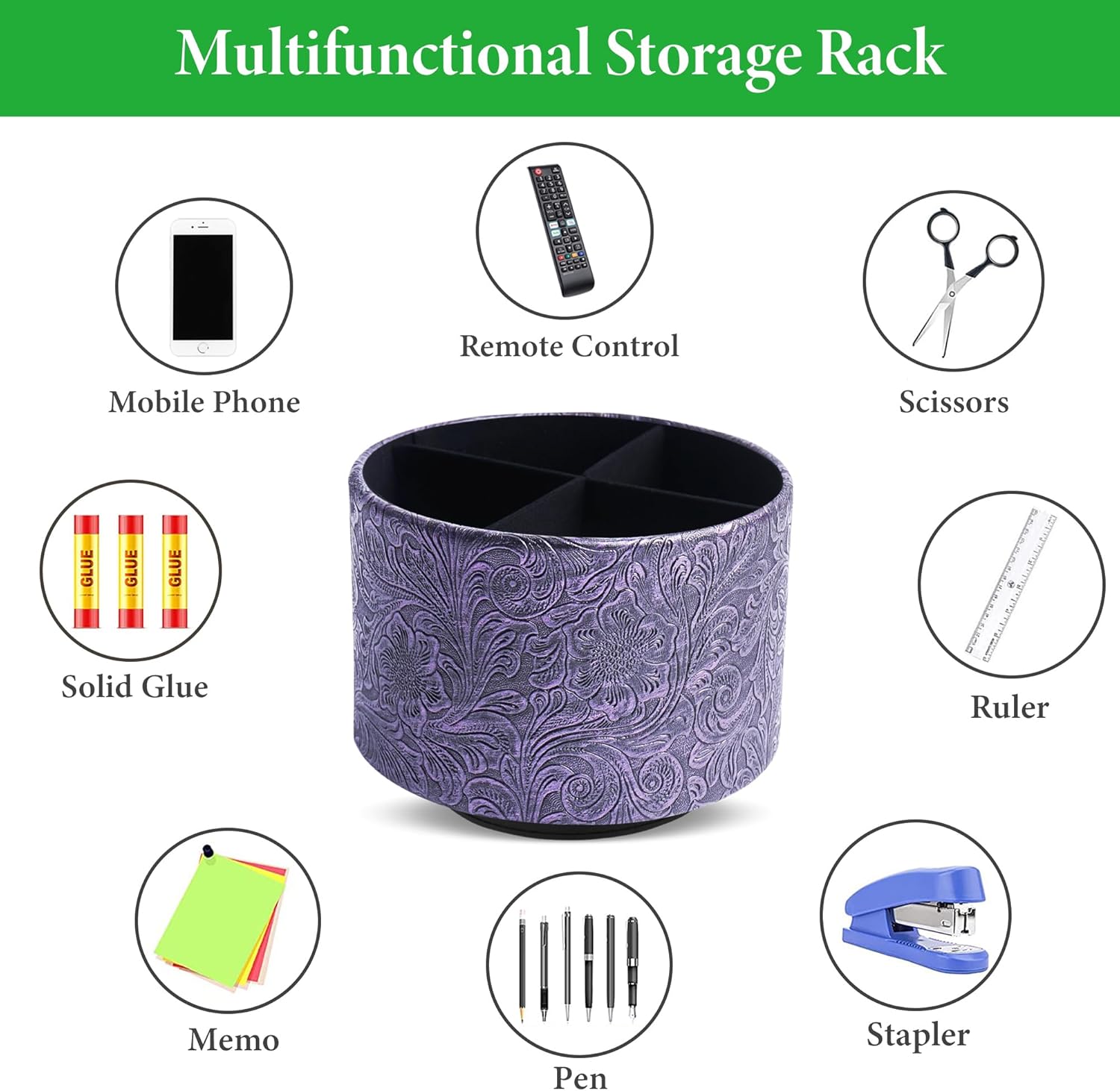 lizimandu Round Leather Art Supply Organizer,Remote Control Holder,360 Degree Spinning,Multi-Functional Pencil Holder,4 Compartments Desktop Stationary Organizer(1-Carved Metal Purple)