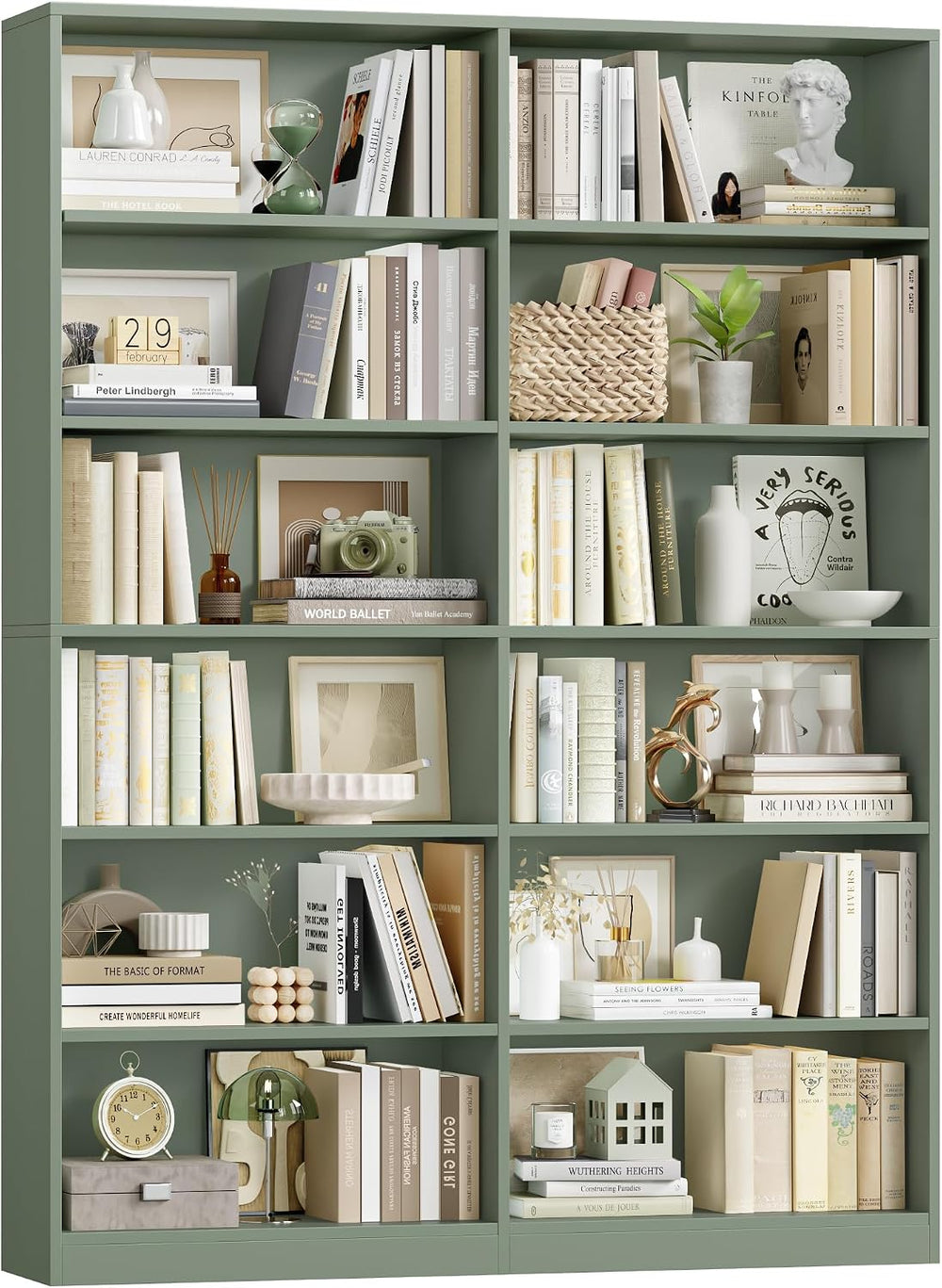 FACBOTALL Bookshelf Tall Bookcase, 6-Tier Double Wide Bookshelves, Green