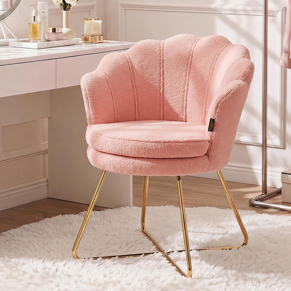 Furniliving Vanity Chair with Back, Upholstered Accent Chair for Living Room, Makeup Chair for Bedroom Sherpa ArmChairs Home Office Desk Chair with Gold Metal Legs (Pink)
