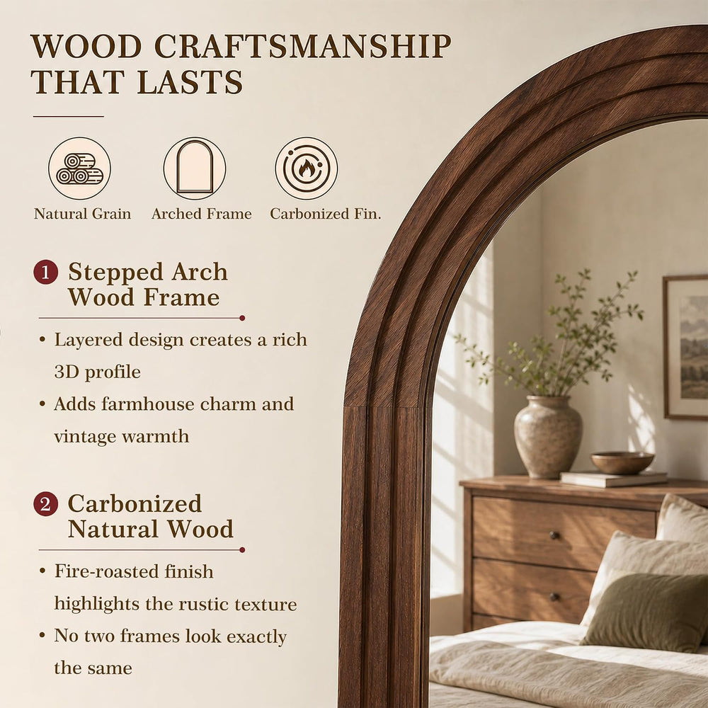 76"x34" Arched Full Length Mirror, Large Wood Floor Mirror, Walnut