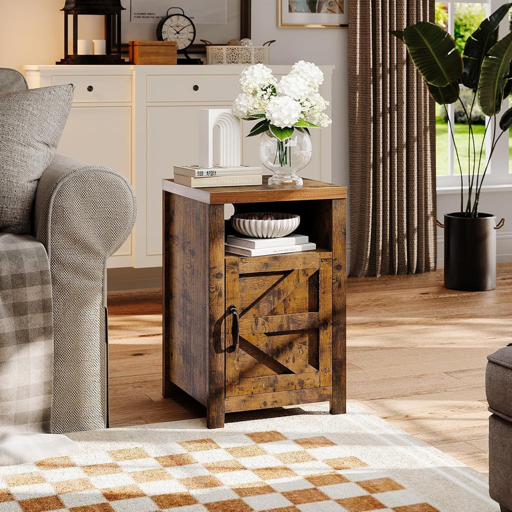 Farmhouse Nightstand with Charging Station, Couch Side Table Set of 2, Bedside Table with Storage Space, End Tables with Barn Door, Bed Side Tables for Living Room and Bedroom, Rustic Brown
