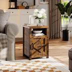 Farmhouse Nightstand with Charging Station, Couch Side Table Set of 2, Bedside Table with Storage Space, End Tables with Barn Door, Bed Side Tables for Living Room and Bedroom, Rustic Brown