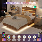 Feonase Floating Bed Frame Twin with Led Lights and Charging Station, Wood Full Size Bed Frame with Storage Headboard, Heavy Duty Metal Slats, No Box Spring Needed, Easy Assembly,Walnut