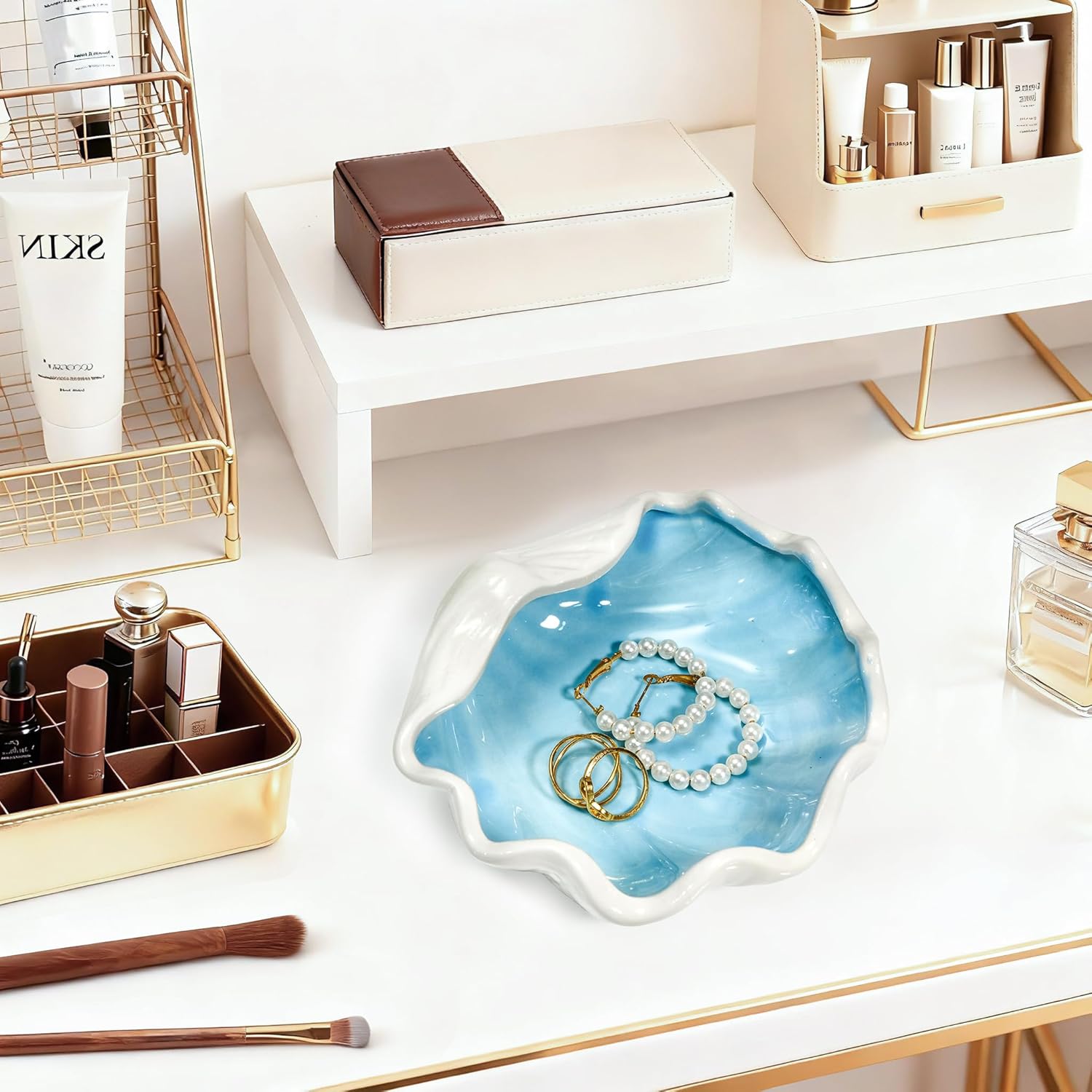 Seashell Ceramic Jewelry Trinket Tray, Blue White Decorative Ring Holder Dish for Rings Earrings Necklaces, Women’s Birthday Gift, Mother’s Day Present
