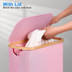 efluky Slim Laundry Basket with Lid, Narrow Laundry Hamper with Removable Bag, Skinny Dirty Clothes Basket with Bamboo Handles for Bathroom, Bedroom & Laundry Room, 63L Pink
