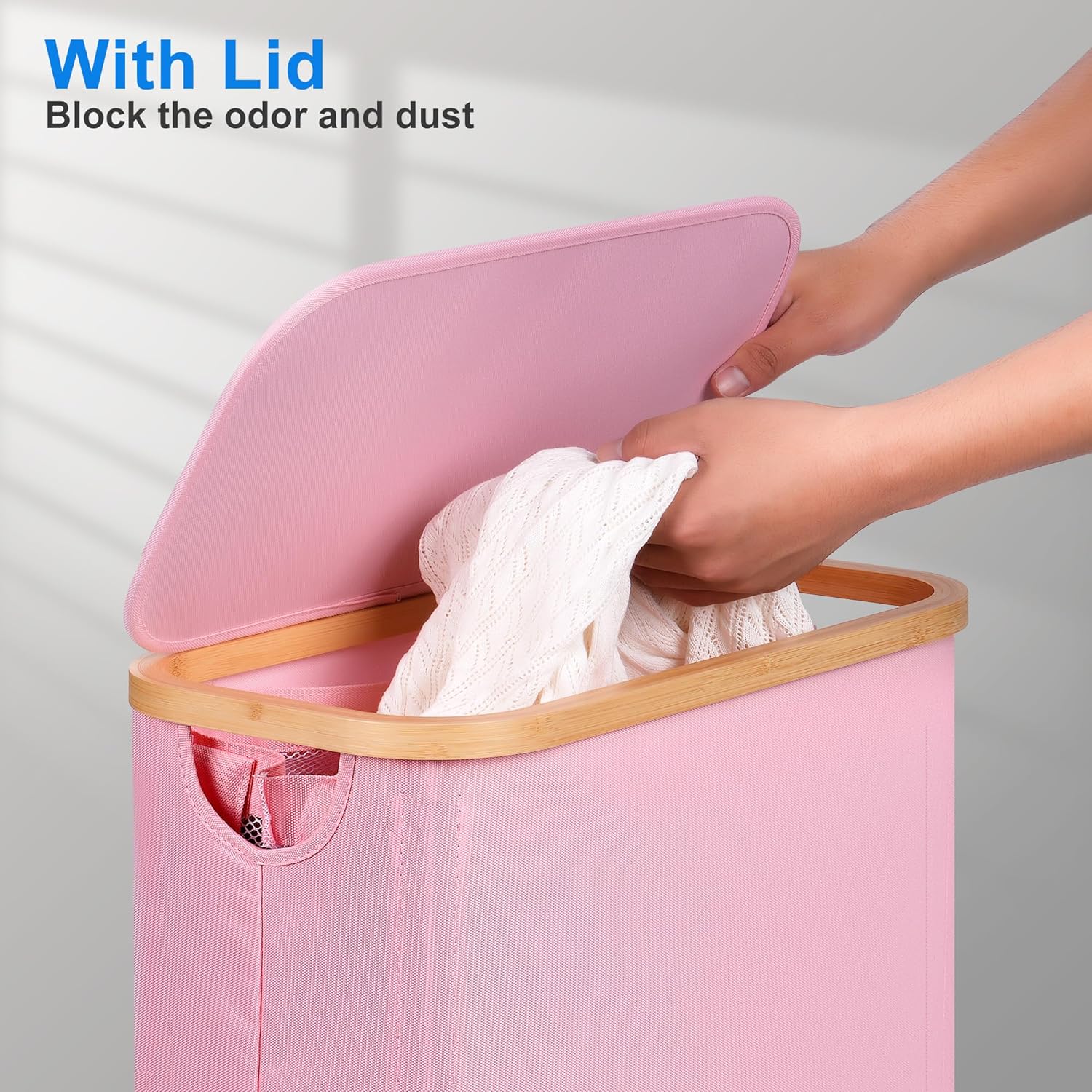 efluky Slim Laundry Basket with Lid, Narrow Laundry Hamper with Removable Bag, Skinny Dirty Clothes Basket with Bamboo Handles for Bathroom, Bedroom & Laundry Room, 63L Pink