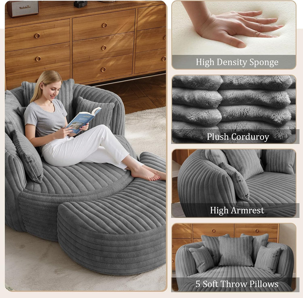 ONEMMLION 50" Oversized Round Chaise Lounge with Ottoman, Corduroy, Grey...
