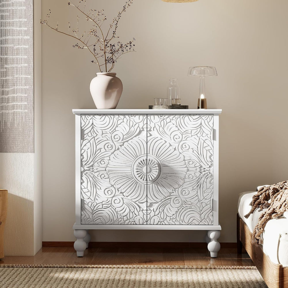 Solid Wood Buffet Cabinet, Accent Cabinet, 2 Carved Doors, White