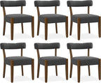 Modern Dining Chairs Set of 6, Walnut Upholstered Kitchen & Dining Room Chairs, Mid Century Wooden Dining Chairs Oversized Sturdy Fabric Rounded Chairs Curved Back, Dark Grey