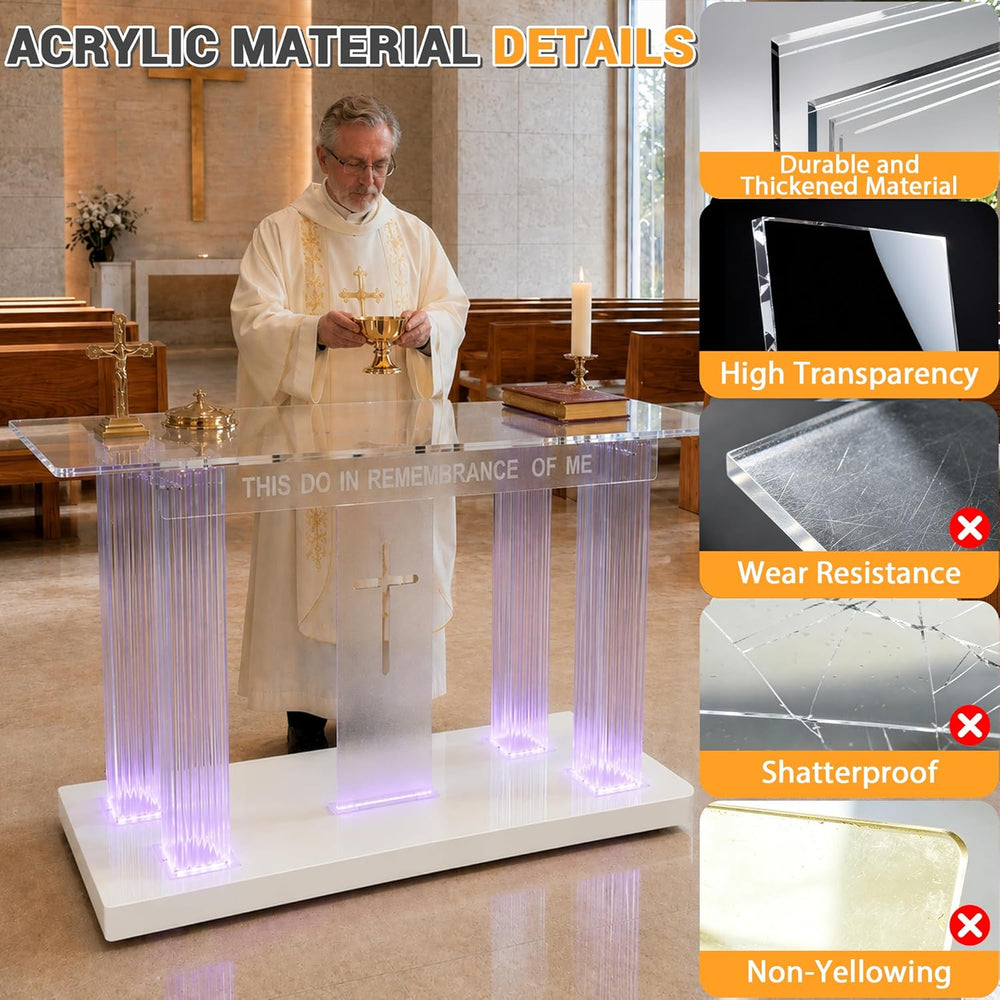 Clear Acrylic Holy Communion Table, Church Altar Table with LED Color Changin...
