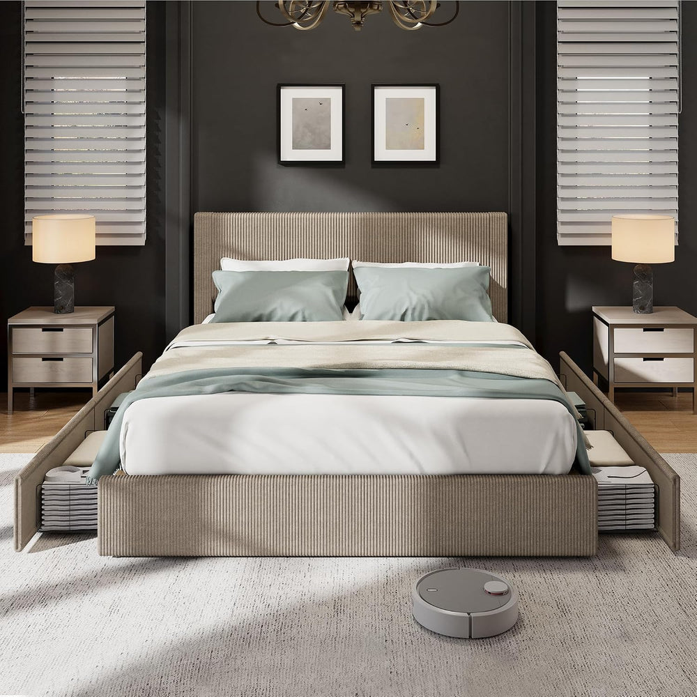 Garvee Corduroy Bed Frame with Headboard, Platform Upholstered Queen Bed Fram...