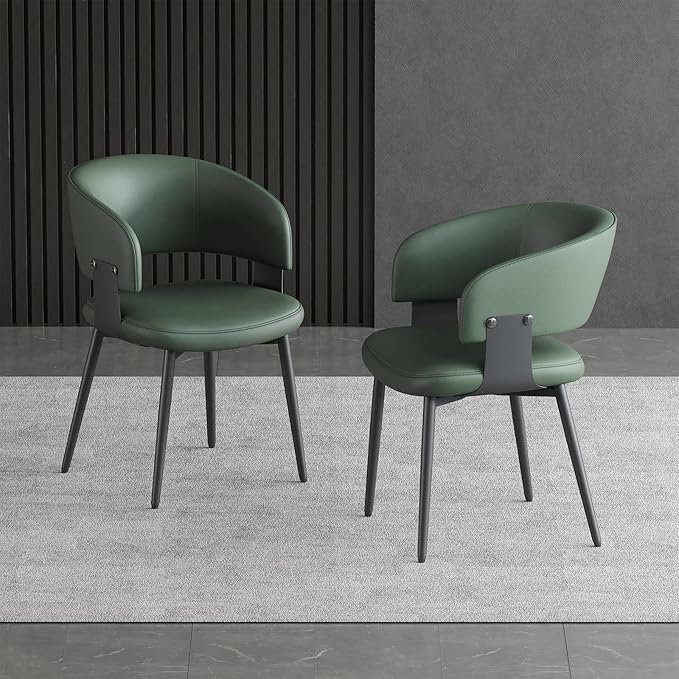 Modern Dining Chairs Set of 2, Faux Leather Upholstered Kitchen Chairs with Curved Back and Metal Legs, Mid Century Chairs for Dining Room, Kitchen, or Café (Green)
