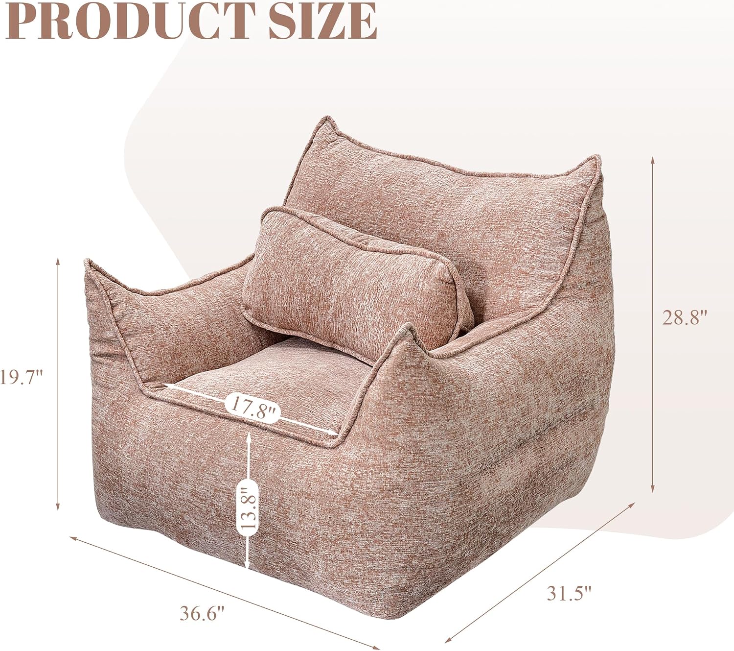 Bean Bag Chairs for Adults, Boneless Chair with Pillow for Bedroom, Khaki | Soft Foam Filled Floor Chair for Living Room, Bedroom, Lazy Sofa, Vacuum Packed Easy to Gift, 48H to Expand