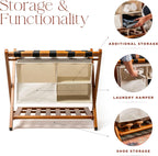 Fully Assembled Walnut Bamboo Folding Luggage Rack for Guest Room, 26.75" Folding Suitcase Stand with Removable Laundry Bag & Storage Shelf, Heavy Duty Foldable Luggage Stand for Bedrooms, Hotels, Airbnbs Holds 215lb