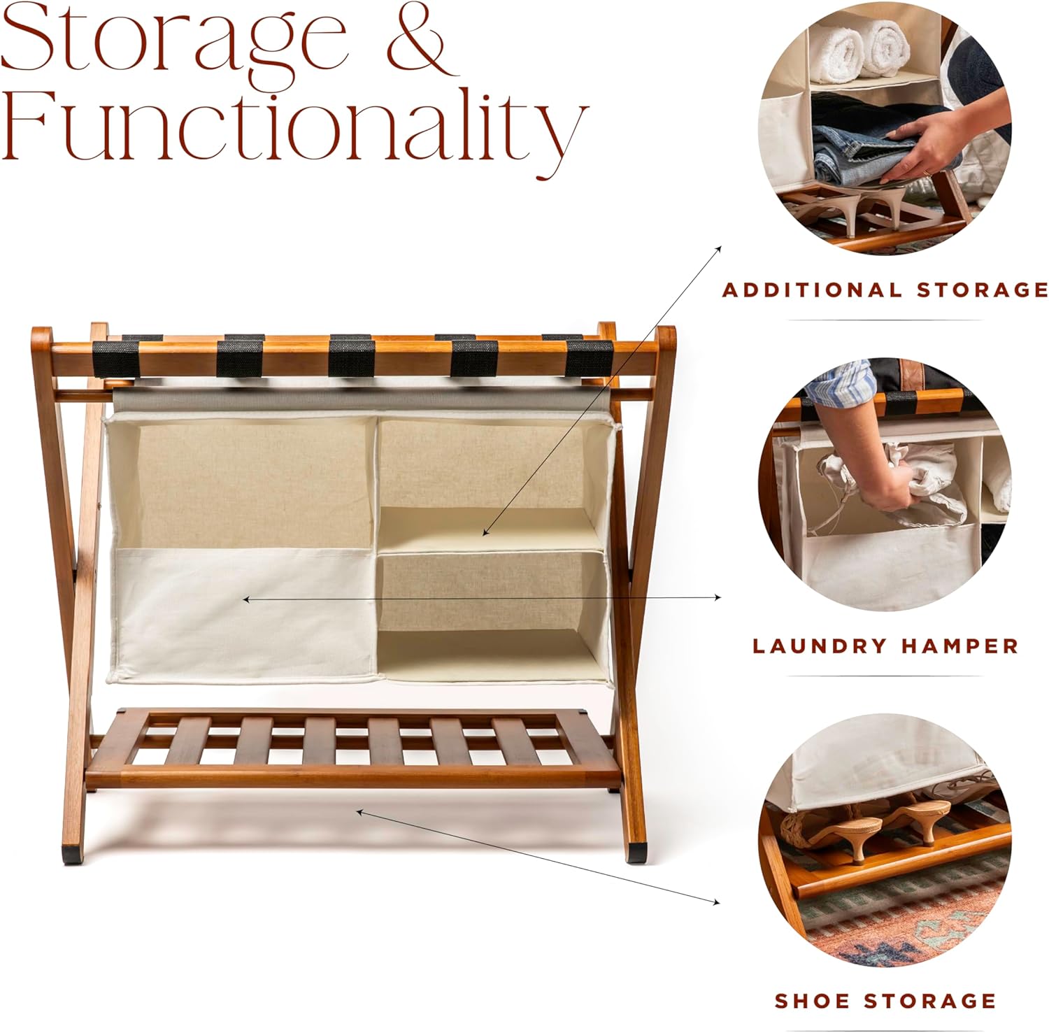 Fully Assembled Walnut Bamboo Folding Luggage Rack for Guest Room, 26.75" Folding Suitcase Stand with Removable Laundry Bag & Storage Shelf, Heavy Duty Foldable Luggage Stand for Bedrooms, Hotels, Airbnbs Holds 215lb