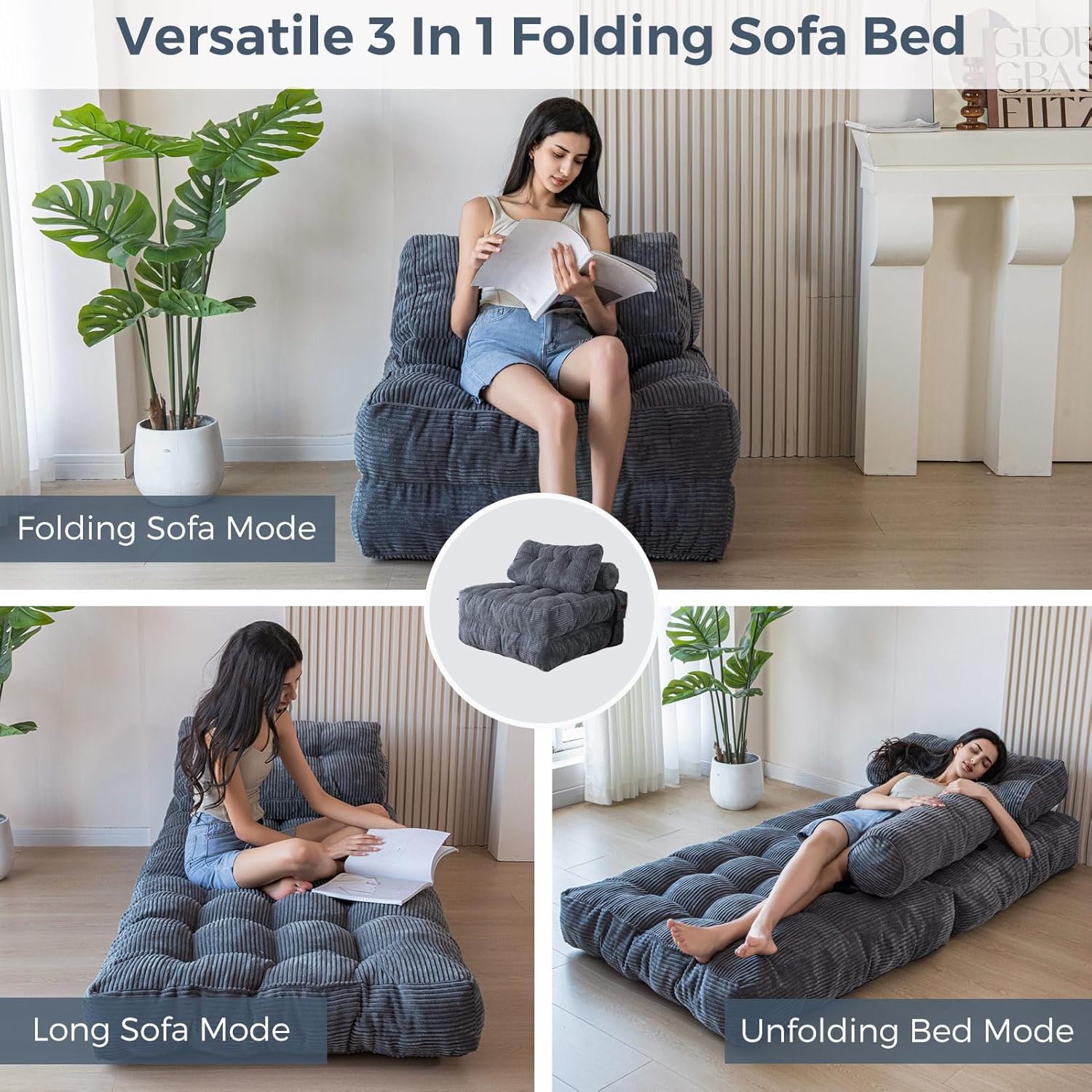 MAXYOYO Folding Sofa Bed, Convertible Chair with Pillow Foldable Couch with Back Support, Portable Fold Out Chair Bed Comfy Floor Sofa Lounge for Living Room Bedroom, Dark Grey, Single