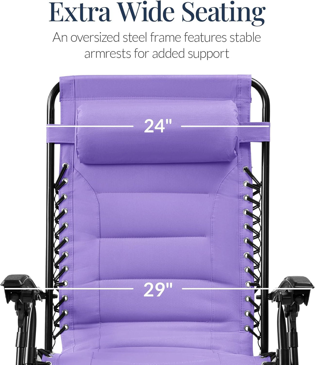 Best Choice Products Oversized Padded Zero Gravity Chair, Folding Outdoor Patio Recliner, XL Anti Gravity Lounger for Backyard w/Headrest, Cup Holder, Side Tray, Polyester Mesh - Violet