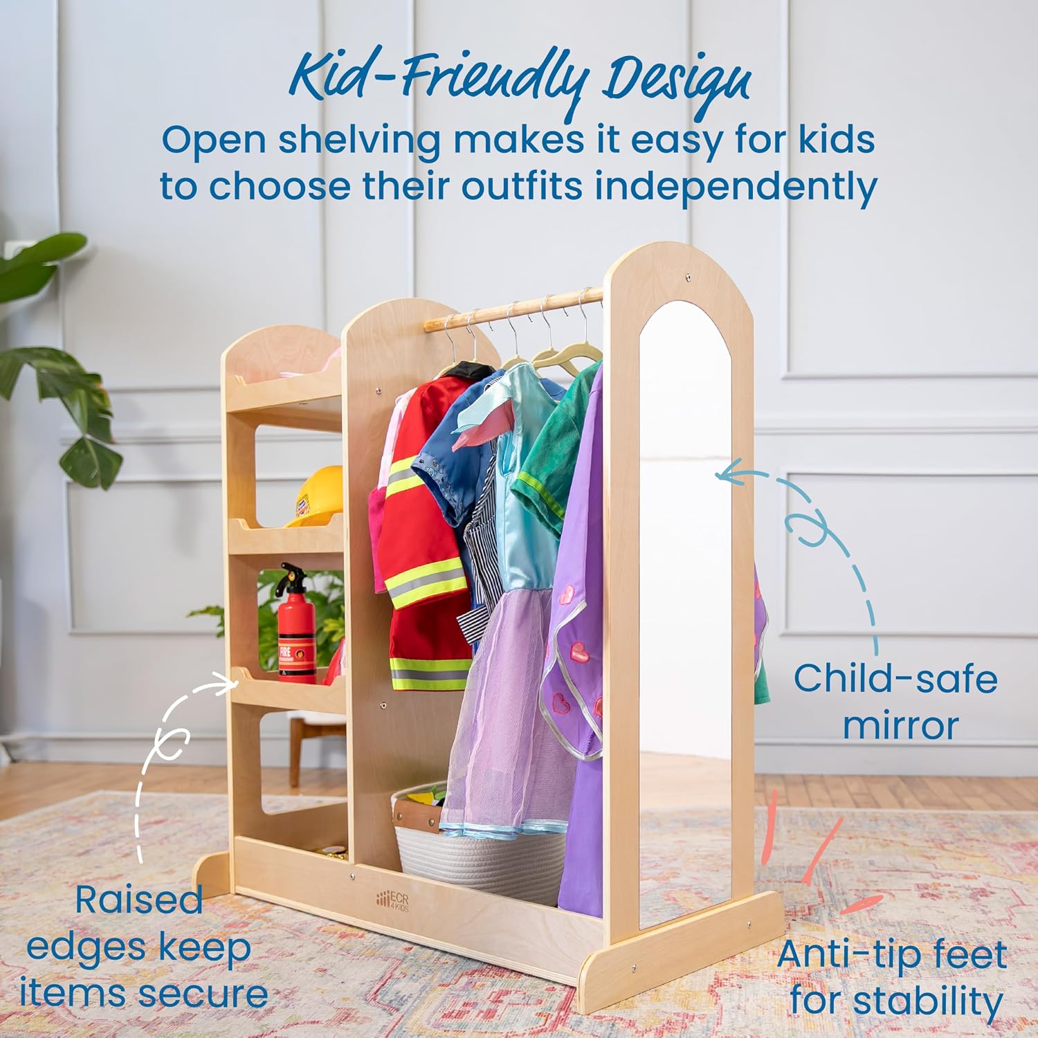 ECR4Kids Dress-Up Center with Mirror, Costume Organizer, Montessori Furniture, Natural