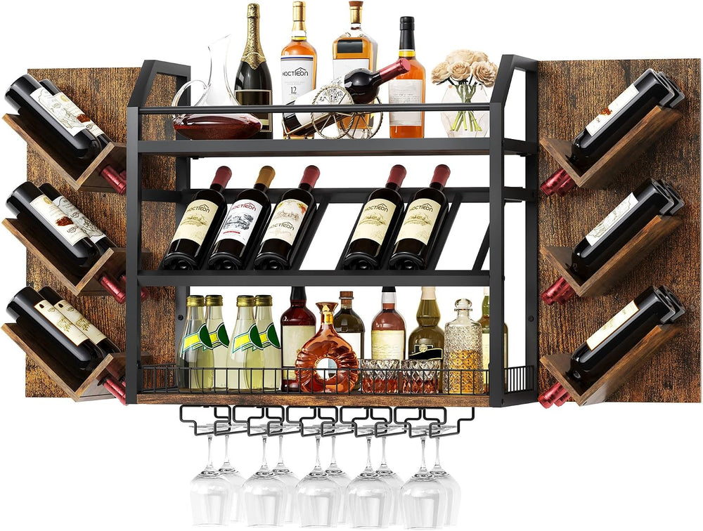 Hoctieon 48.6in Wall Mounted Wine Rack, 3 Tier Hanging Wine Racks with Glass ...