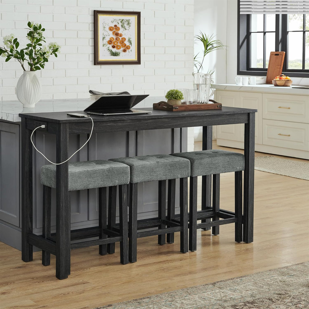 59" Bar Table Set with Power Outlet & 3 Upholstered Stools – 4-Piece...
