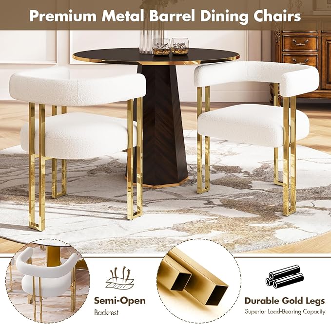 Set of 6 Modern White Boucle Dining Chairs with Gold Metal Legs, Mid Century Accent Upholstered Barrel Armchairs with Open-Back for Kitchen, Dining Room, Living Room, Apartment