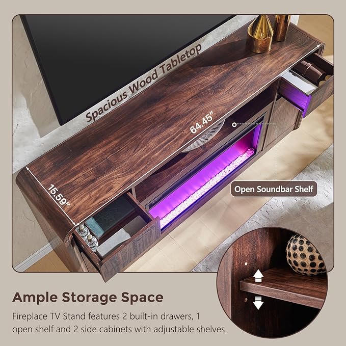 Modern Fireplace TV Stand with 36" LED Electric Fireplace for 80 inch TVs, 32" Tall Entertainment Center w/Drawers &Adjustable Shelves, Wood Media Console w/Curved Profile Design for Living Room,Brown