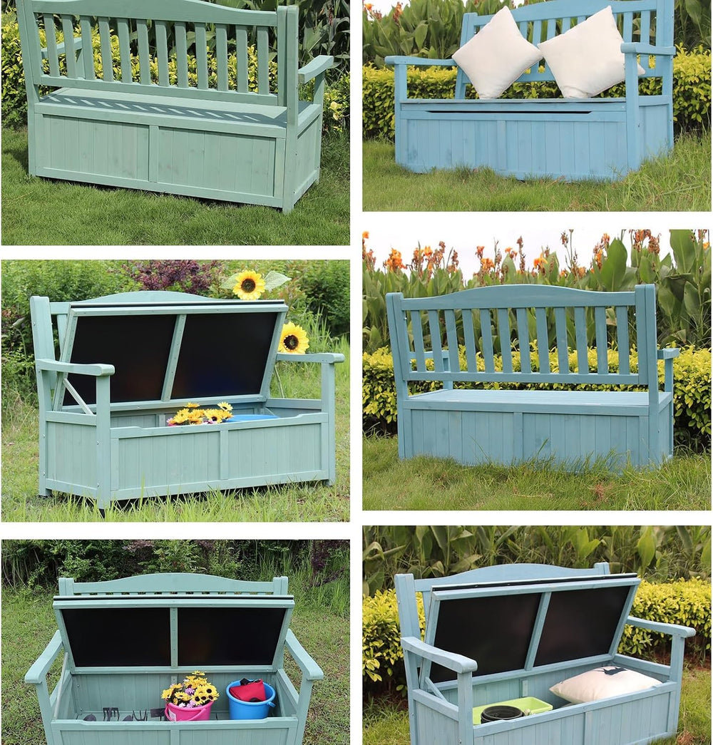 48in Wooden Outdoor Storage Bench, 2-Seater Patio Garden Bench with Backrest ...