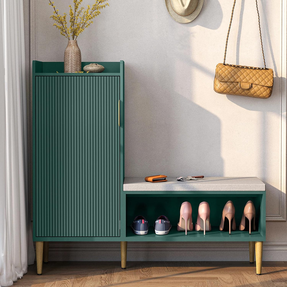 Storage Bench with Fluted Door&Shelf, Modern Entryway Bench with Padded S...