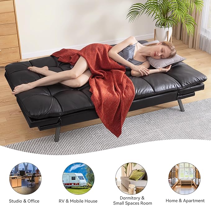 71" Convertible Futon Sofa Bed,Bright Black Faux Leather Futon Couch,Memory Foam Reclining Sleeper Sofa Bed,Modern Folding Small Loveseat Couches for Living Room,Office,Apartment