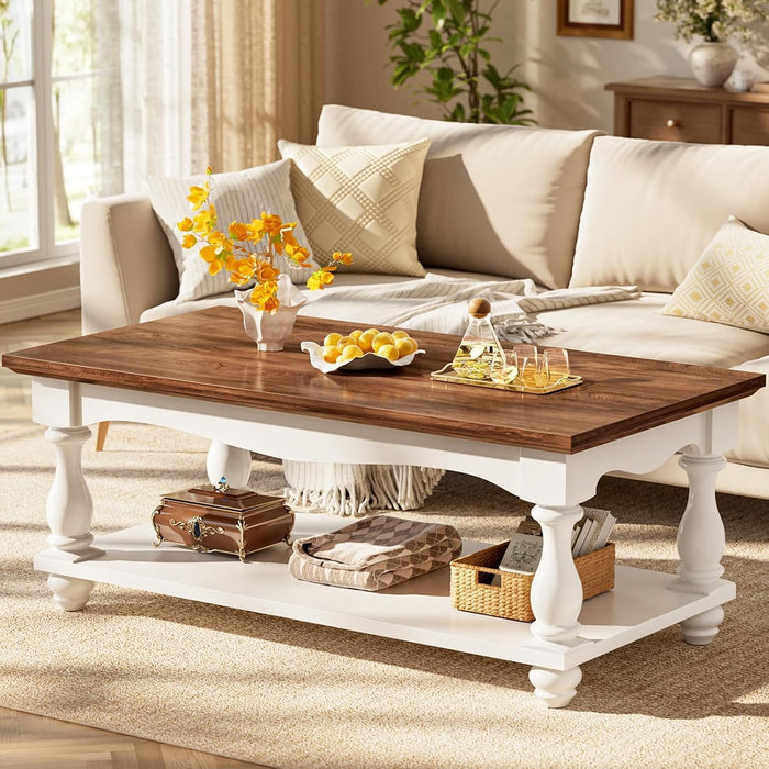Besiost 47" Farmhouse Coffee Table with 2-Tier Storage, Rustic Brown