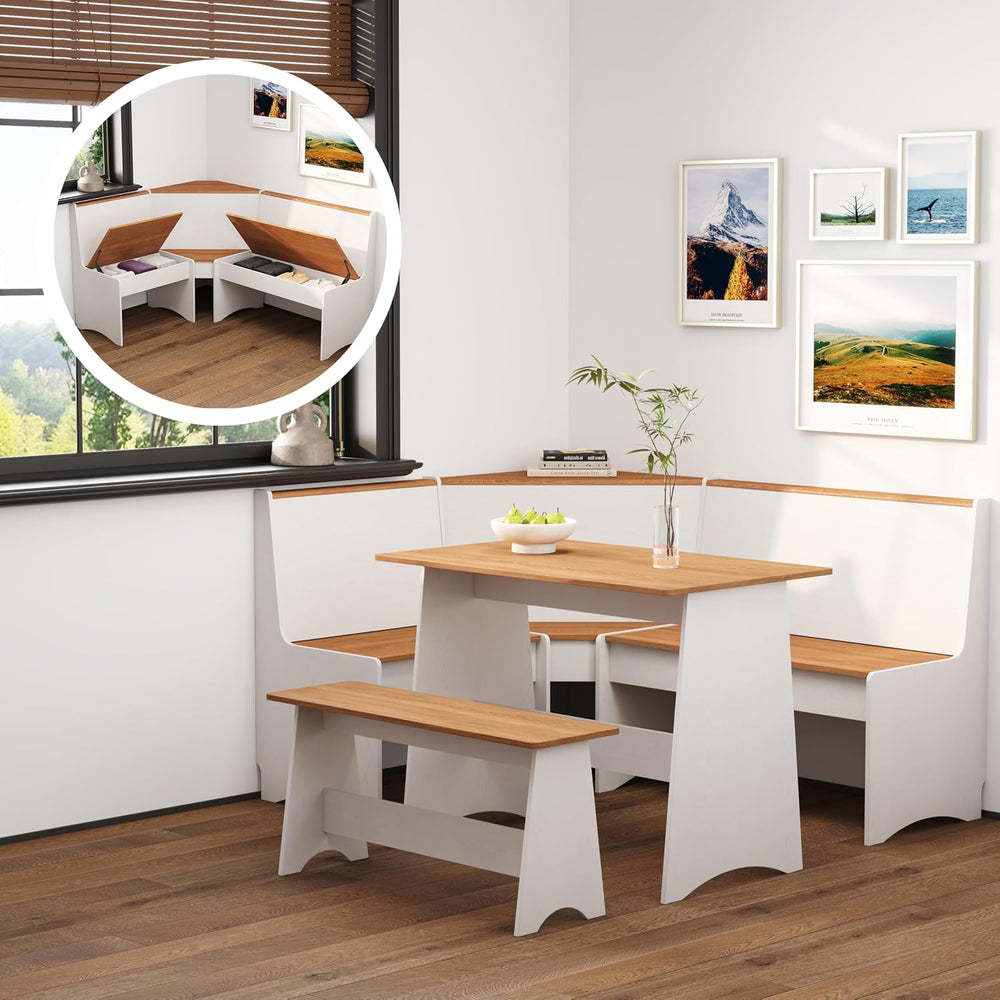 Farmhouse Breakfast Nook Table Set, Dining Nook Set with Corner Bench,with St...