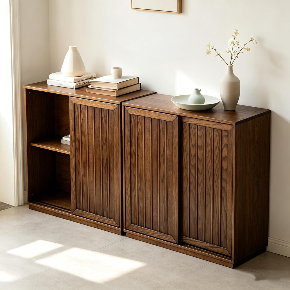 Mid Century Modern Sideboard Cabinet | Slim Fluted Credenza with Sliding Door...