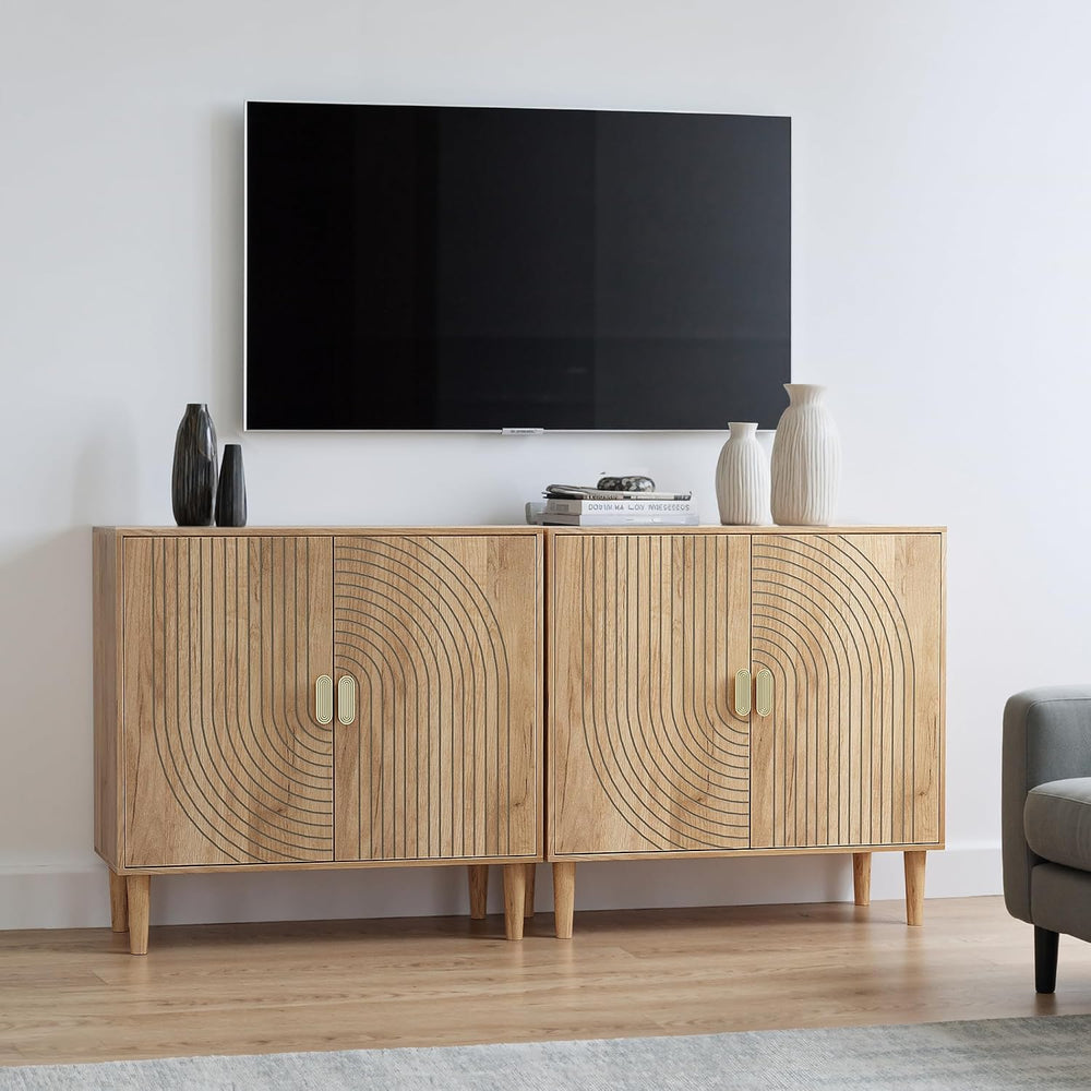 Smuxee Oak Sideboard Cabinet, Freestanding Buffet Cabinet with Line Groove De...