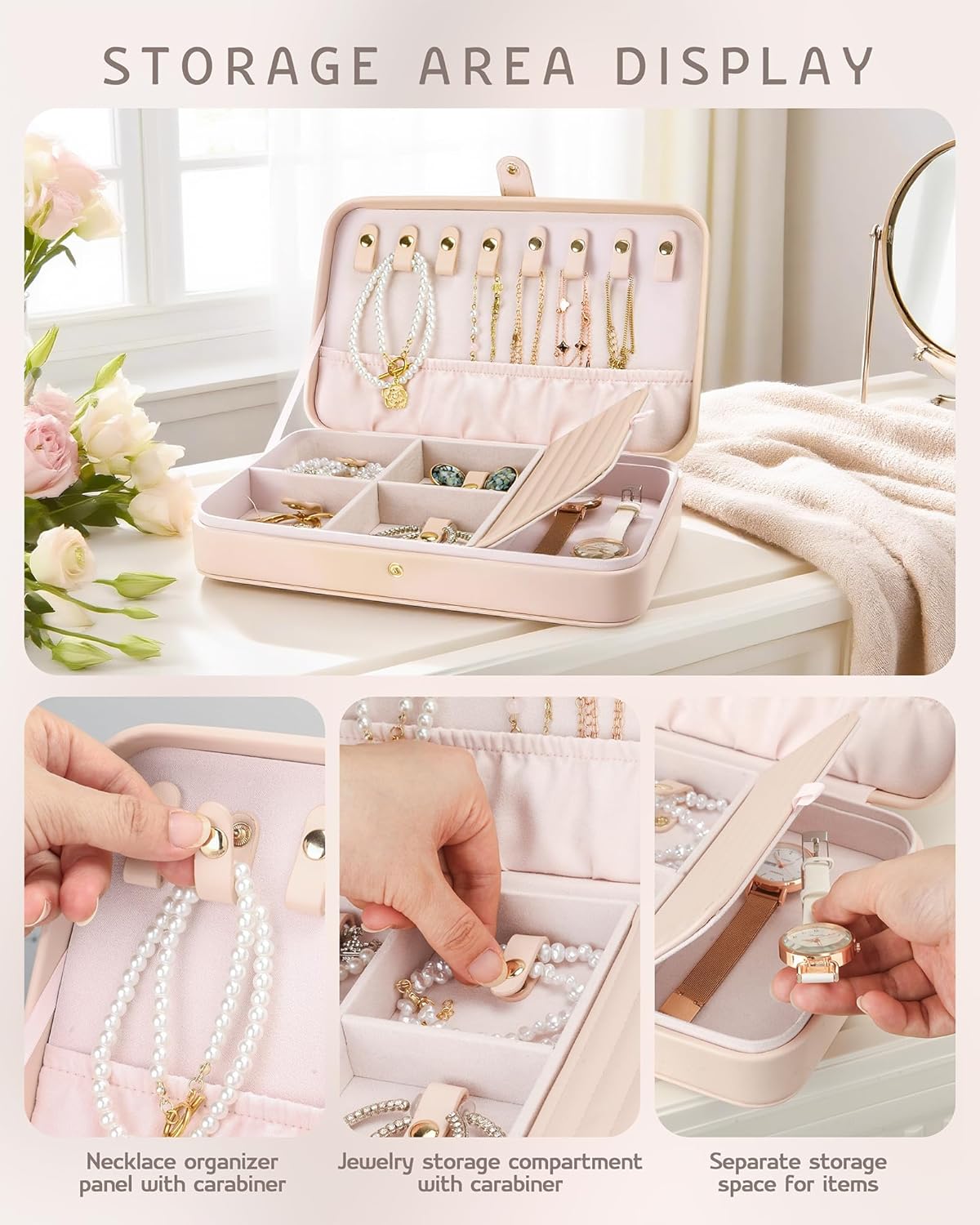VELORIA Jewelry Box, Premium PU Leather Travel Jewelry Organizer & Storage, Dust-Proof, Scratch-Resistant Jewelry Case for Necklace Bracelet Bangle, Portable Luxury Gift for Women & Girls (Cloud Pink)