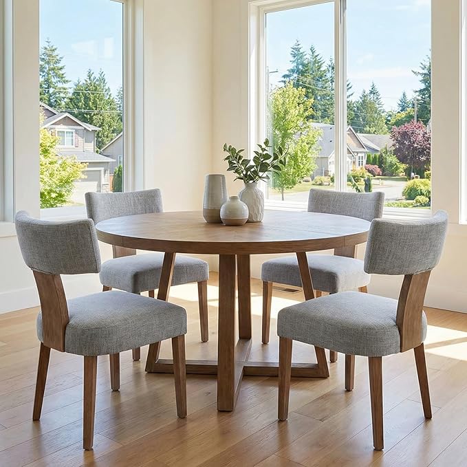 Linen Dining Chairs Set of 4, Modern Dining Chair with Wood Legs, Upholstered Dining Chairs for Dining Room, Kitchen, Vanity, Living Room, Grey