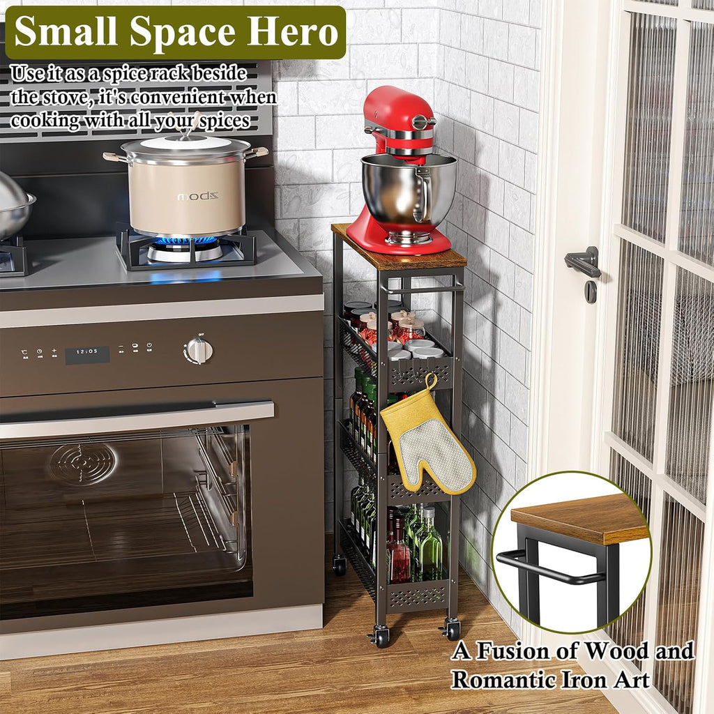 Utility Slim Storage Cart, 4 Tier Small Rolling Kitchen Laundry Room Cart with Wood Top, Metal Narrow Bathroom Storage Cabinet Mobile Shelf Unit Organizer Trolley with Handle for Narrow Space