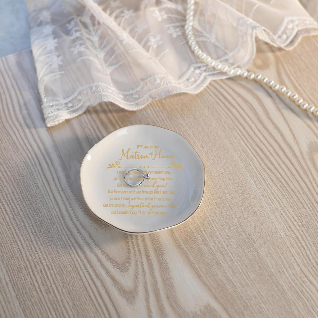 HOME SMILE Matron Of Honor Ring Dish - Will You Be My Matron Of Honor - Jewelry Trinket Dish Tray, Bridesmaid & Bridal Shower Gifts - Proposal Gift For Bestie, White Ceramic