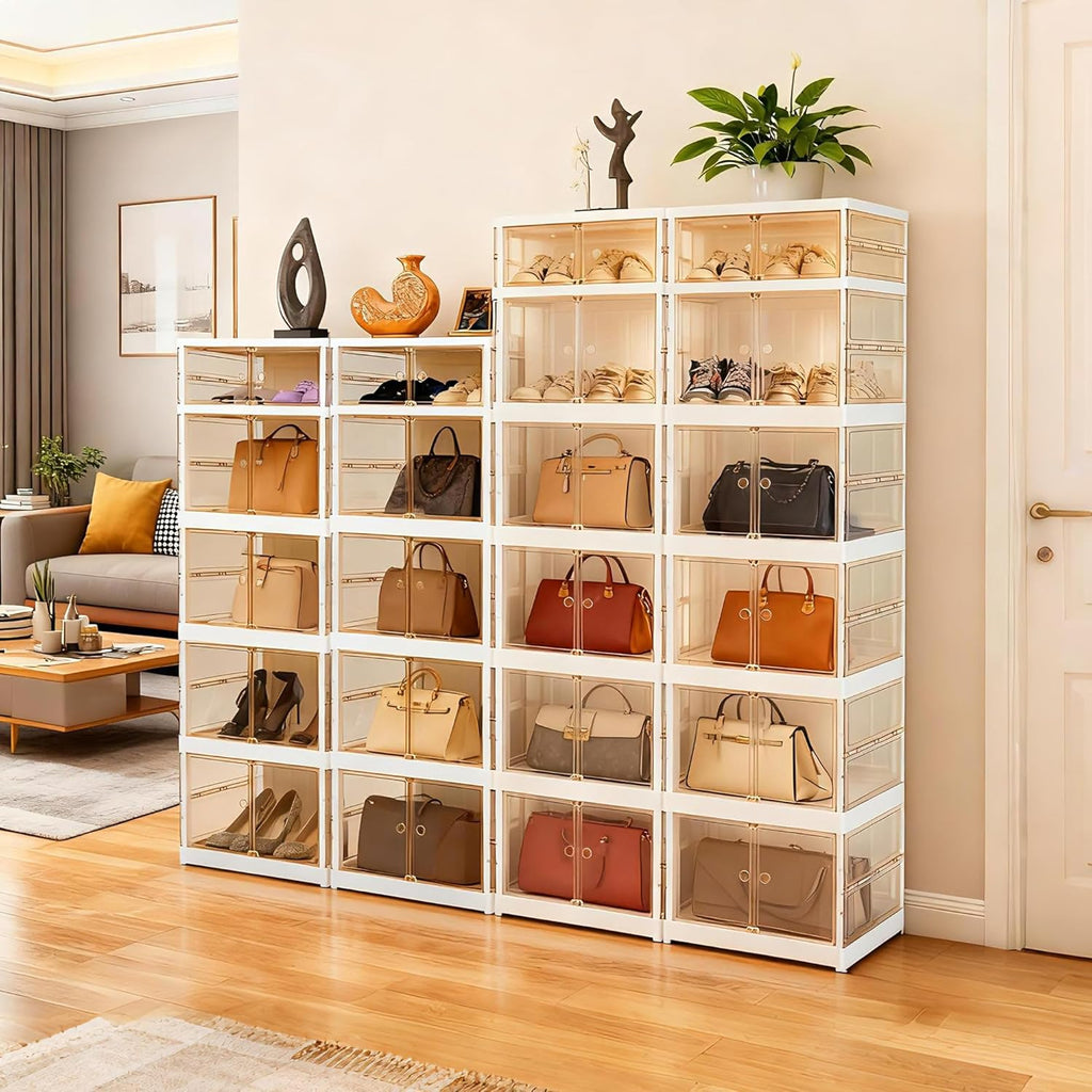 MGWILL Foldable Shoe Rack, Purse Organizers for Closet Plastic Clear Storage Box for Entryway, Large Sneaker Cabinet Bins Display Case for Collectibles with Magnetic Door 5 Tiers